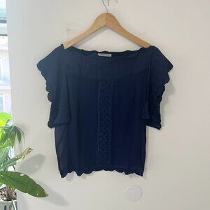 Isabel Marant Etoile Dark Blue Embroidered Short Sleeve Square Blouse Size 34